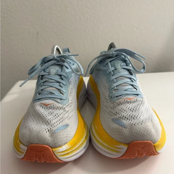 Hoka bondi 8 Women's Light Blue and Yellow Athletic Shoes - Picture 3 of 11